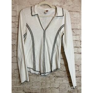 Anthropologie Pilcro Stitched Long-Sleeve Top Small White Popover Cotton Stretch